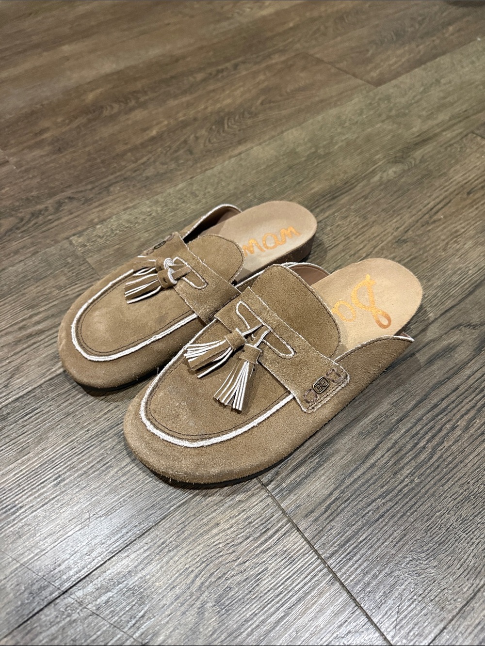 Sam & Libby Tan Suede Tassel Mule Loafers